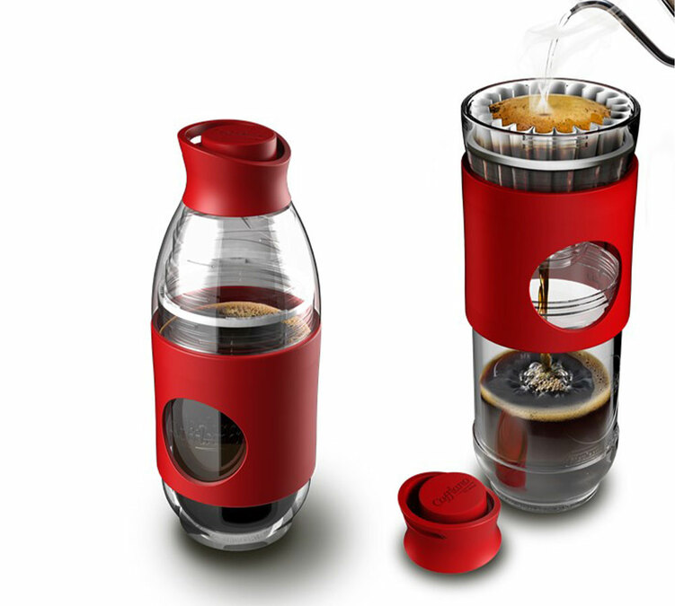 Cafflano Go-Brew rouge bouteille à emporter et cafetière nomade