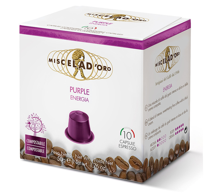 10 suderinamų kapsulių su Nespresso* Original Purple Energia - MISCELA D'ORO