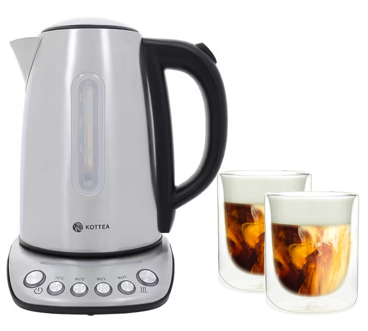 Chaleira Kottea KT102 temperatura ajustável aço inoxidável 1,7L + 2 copos Pylano 25cl