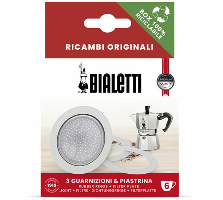 Sett 3 pakninger + 1 filter til ALU 6-kopps kaffetrakter - BIALETTI
