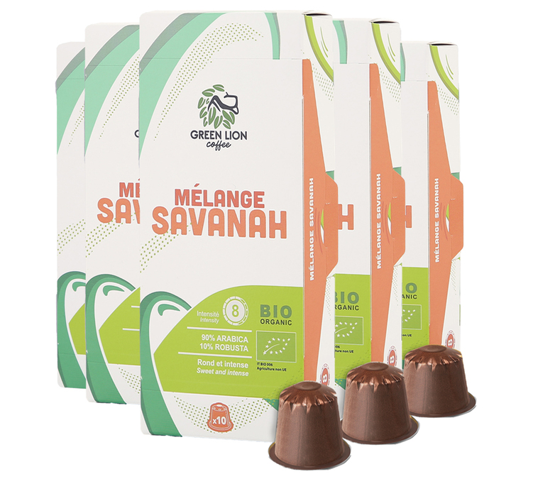 50 Økologiske Nespresso* Original kompatible kapsler Le Mélange Savannah - GREEN LION COFFEE