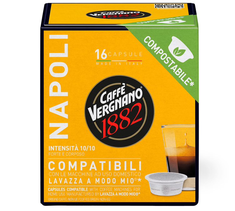 16 Komposterbara kapslar kompatibla med A Modo Mio Lavazza Napoli - CAFFE VERGNANO