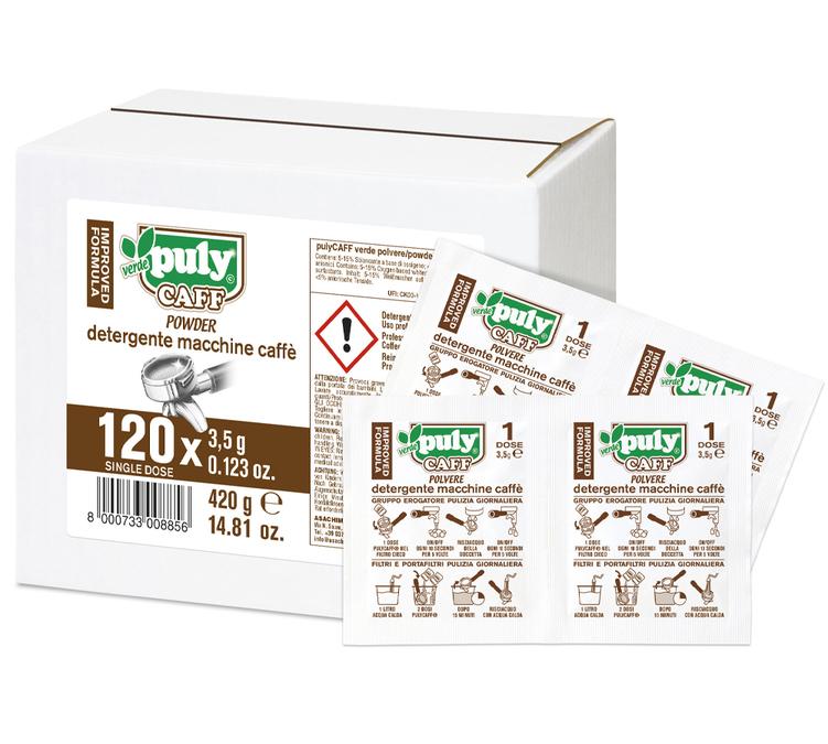 Σκόνη PULY CAFF VERDE ® - Καθαριστικό για μηχανές espresso - Green Power - Κουτί των 120 pkt x3,5g