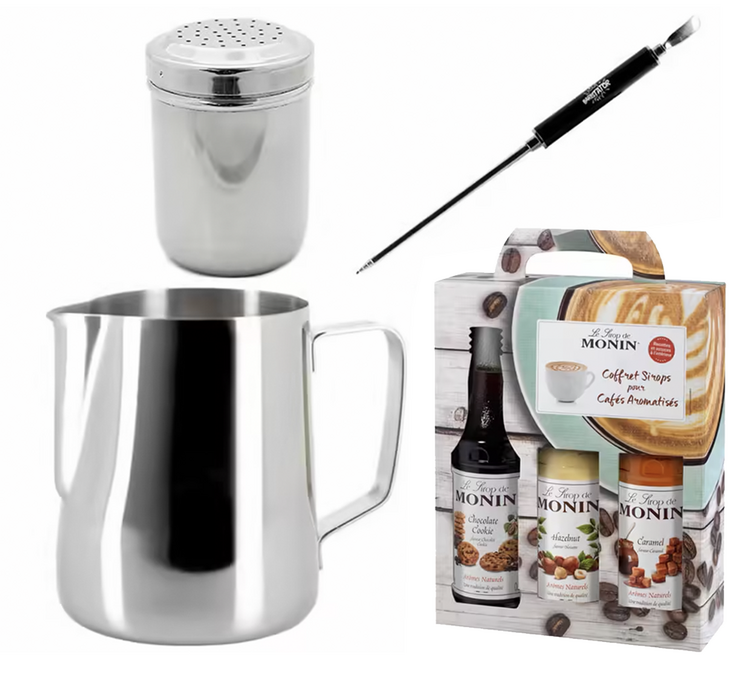 Latte Art Barista Pack: Stainless Steel Pitcher, Pen, Shaker and Monin Syrups