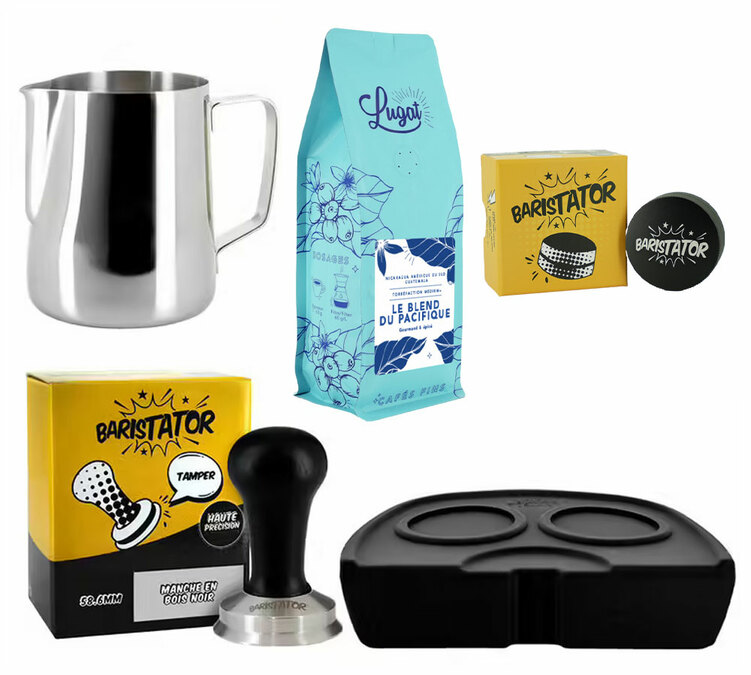 Barista-Set BARISTATOR: Tamper, Verteiler, Milchkännchen, Tamper-Matte und 250 g Kaffeebohnen