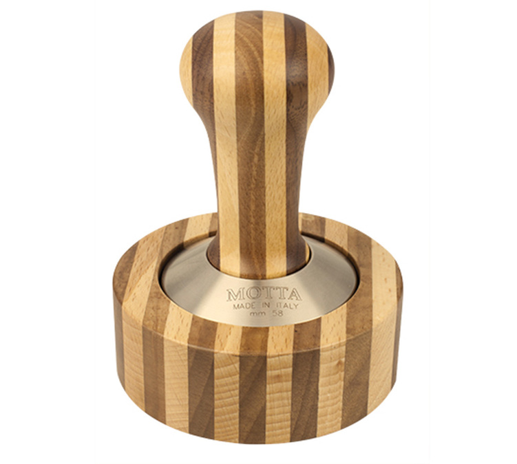 Motta 58 mm trä bicolor kaffetamper med ställ