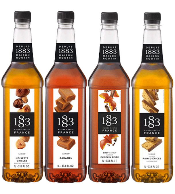 Set od 4 sirupa 1883 Pohana Lješnjaka - Karamel - Bundev začin - Perničasti kruh - Plastična boca - 4x1L