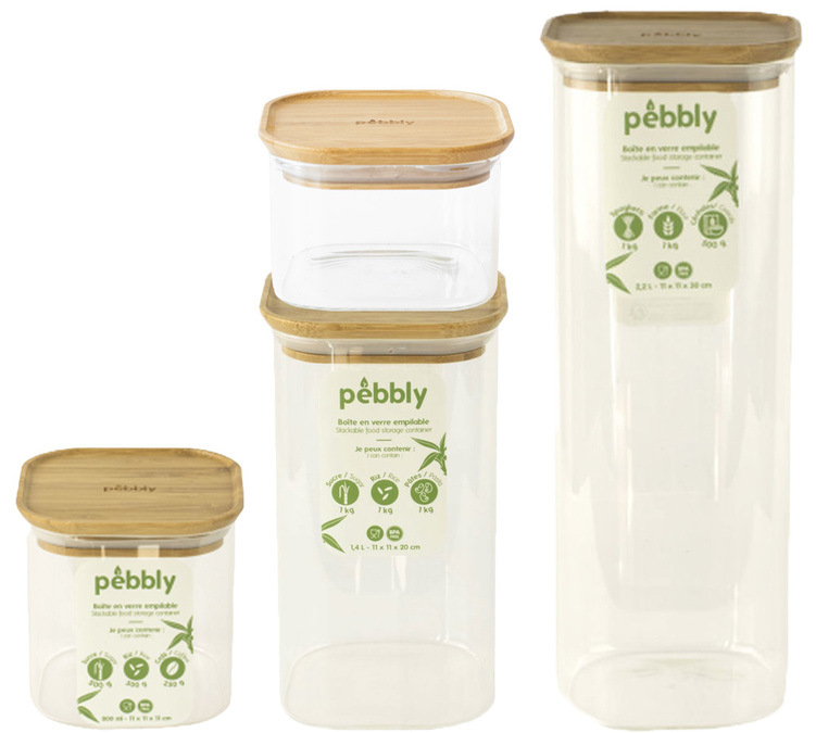 Комплект стъклени съдове за съхранение PEBBLY с капаци от бамбук