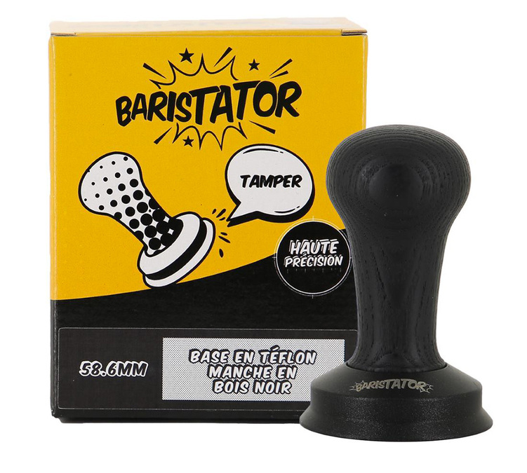 Tamper Kaffee BARISTATOR 58,6 mm antistatische Basis und schwarzer Holzgriff