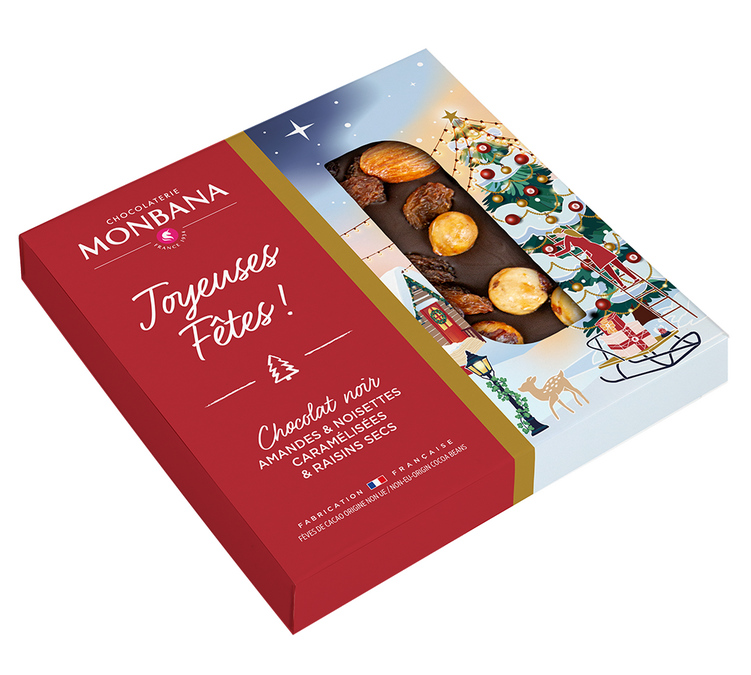 Tableta de chocolate negro con almendras, avellanas caramelizadas, pasas - 70 g - MONBANA