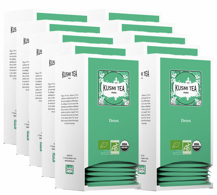 Žalioji arbata ir matė Detox Ekologiška profesionalams - 10 dėžių po 25 atskirai supakuotų arbatos pakelių - Kusmi Tea