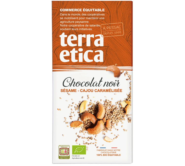Ekologisk Mörk Choklad Sesam Karamelliserad Cashew Tablett - 100 g - TERRA ETICA