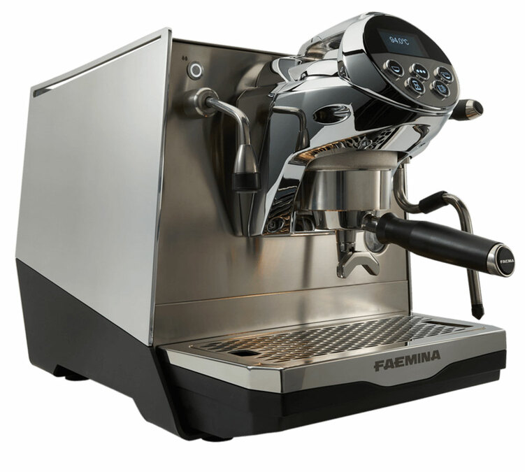 Máquina de café expresso FAEMA Faemina alumínio polido e preto anodizado