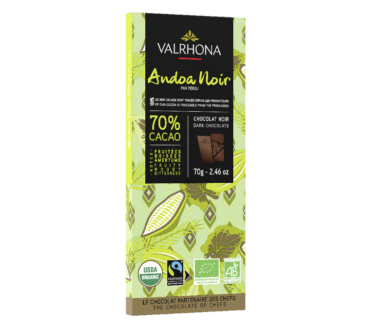 Tableta de Chocolate Negro Andoa 70% Cacao Ecológico y Comercio Justo - 70 g - VALRHONA