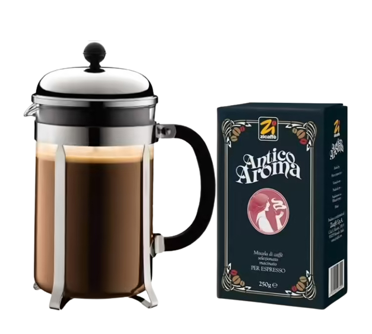 Caffettiera a stantuffo francese 1,5L Chambord Bodum + 250g Caffè macinato Antico Aroma di Zicaffè