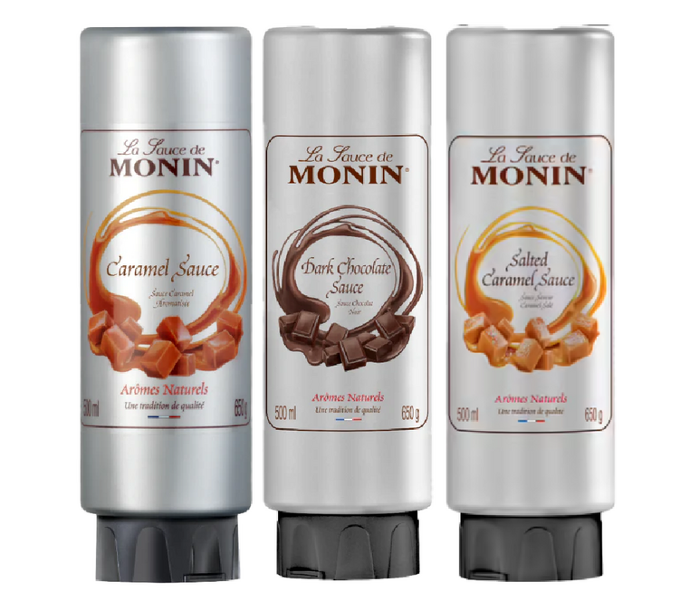 3 kpl:n täytesetti 500 ml - Karamelli, Tumma Suklaa, Suolakaramelli - MONIN