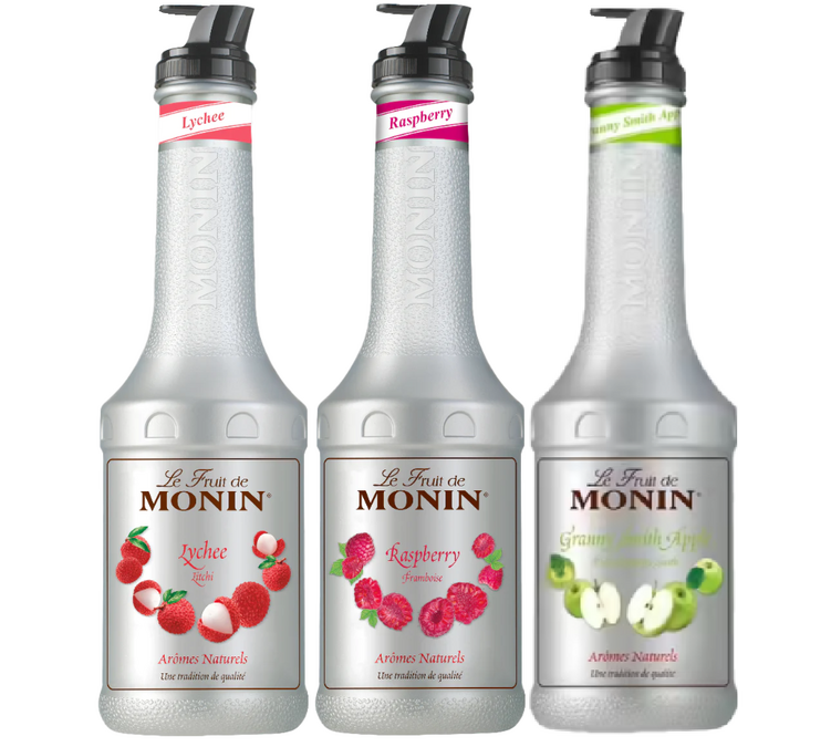 3-pakning fruktpuréer 1L - Litchi, Bringebær, Grønt eple - MONIN