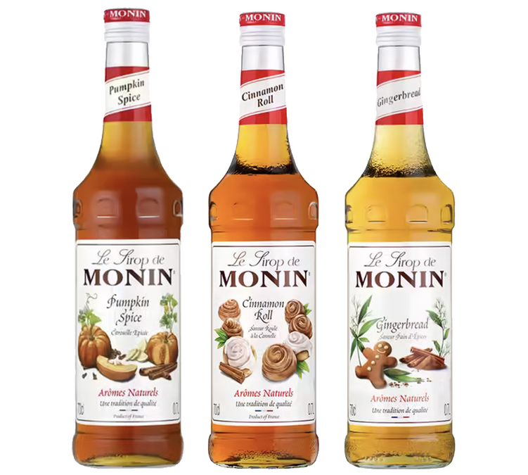 Gourmet-Paket - 3 Sirups (Kürbisgewürz, Lebkuchen, Zimtschnecke) 3 x 70 cl + 1 Sirup-Pumpe - MONIN