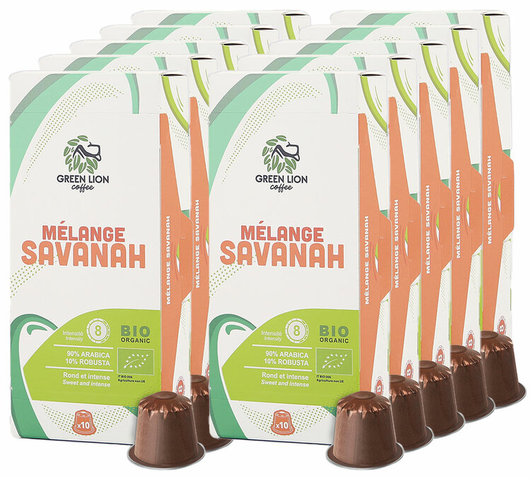 100 kapsulių suderinama su Nespresso* Original Savannah mišinys profesionalams Ekologiška - GREEN LION COFFEE