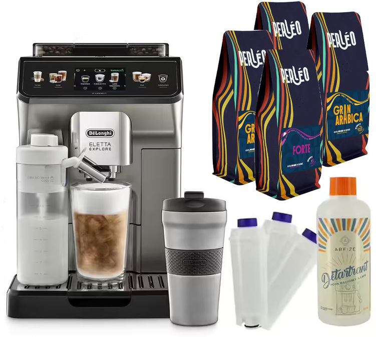 DeLonghi Eletta Explore 450.86.T eszpresszó daráló titán és elvihető bögre + 6 hónapos kávé- és karbantartási csomag