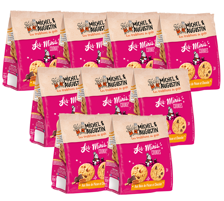 Förpackning med små påsar innehållande pekannötskakor med choklad – 9 x 100 g – MICHEL & AUGUSTIN.