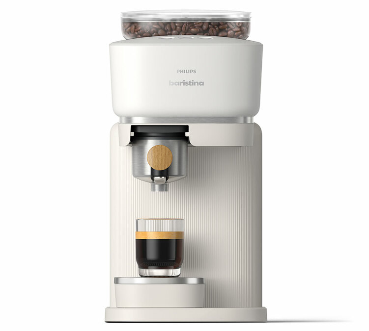 Máquina de café expresso com moedor PHILIPS Baristina BAR302/20, modelo Baristina Premium branco, com porta-filtro em madeira.