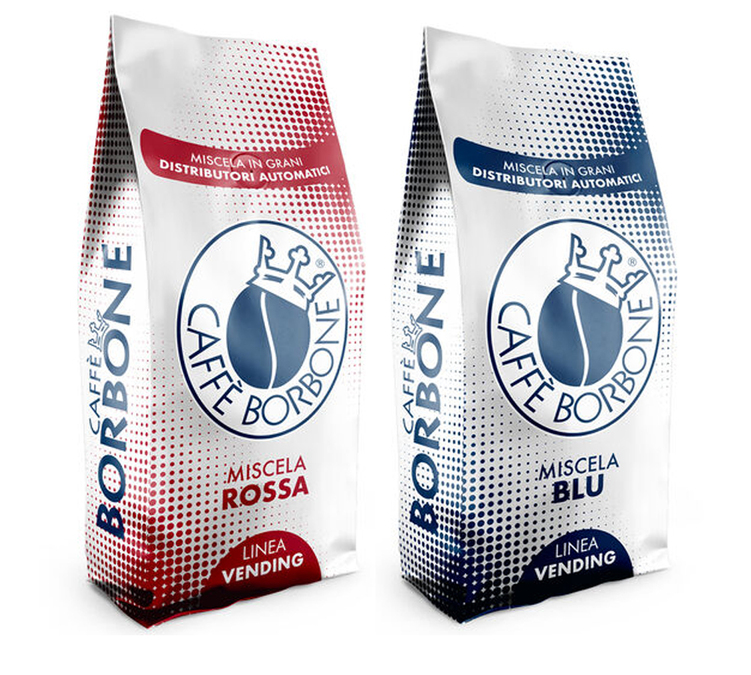 2 opakowania po 1 kg – kawa w ziarnach – zestaw do automatów sprzedających, w kolorach czerwonym i niebieskim – CAFFÈ BORBONE.