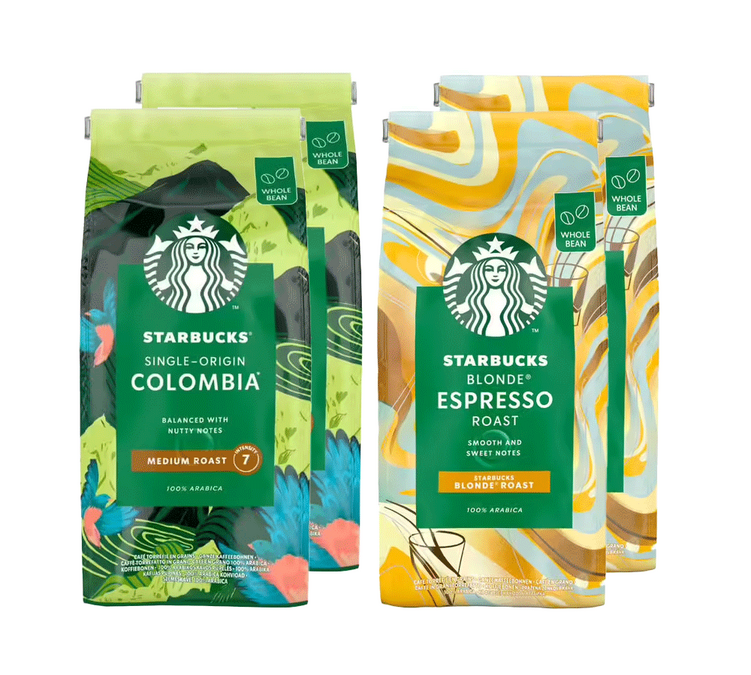 4 x 450 g – Kokonaisia kahvipapuja – Pakkaus, jossa 2 x vaalea espressosekoitus ja 2 x yksilajikkeinen Kolumbian kahvi – STARBUCKS