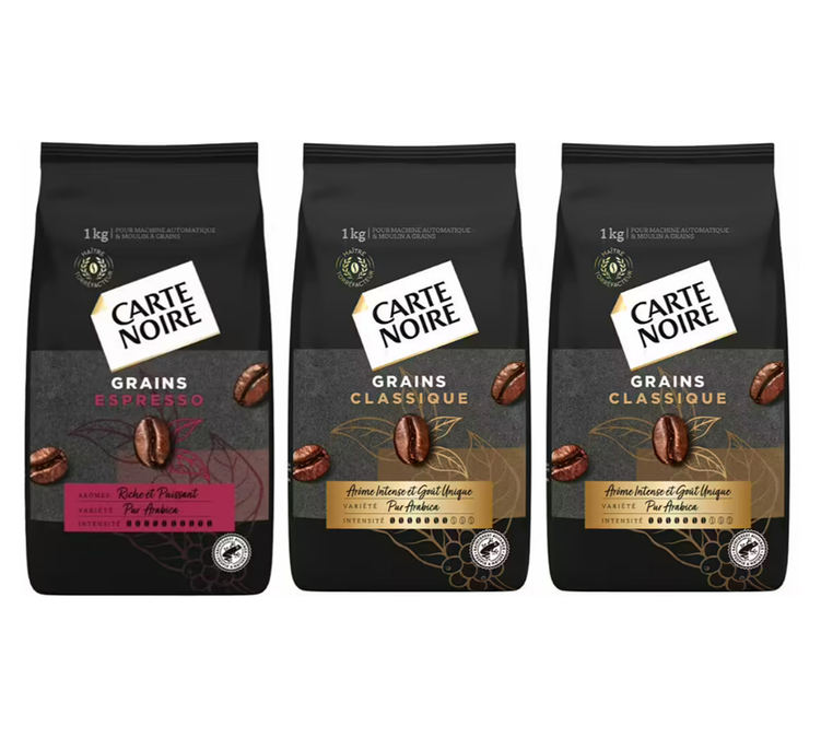 3 x 1 kg – Whole bean coffee – 1 kg Espresso & 2 kg Classic Pure Arabica – CARTE NOIRE