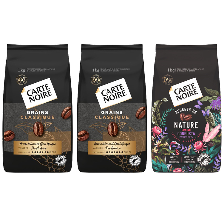 3 x 1 kg - Kava u zrnu - Pakiranje 1 kg Secrets de nature Congusta & 2 kg Klasični Čista Arabica - CARTE NOIRE