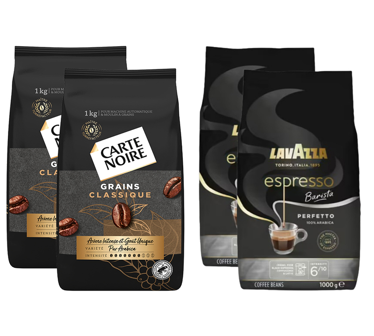 4 опаковки по 1 кг – кафе на зърна – 2 кг Espresso Barista Perfetto и 1 кг Classique Pur Arabica – LAVAZZA / CARTE NOIRE.