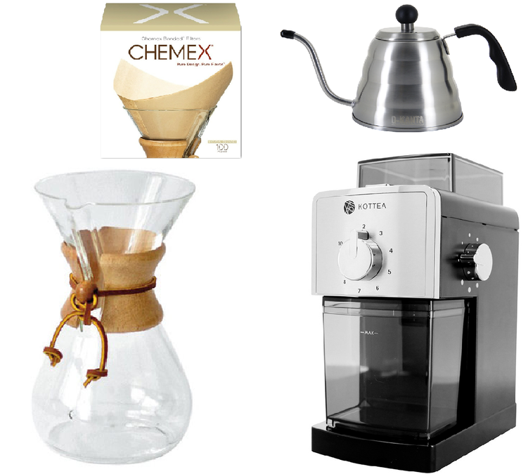 Chemex Kit #3: Chemex 6 cups + Kottea grinder + D-Kanta carafe + filters