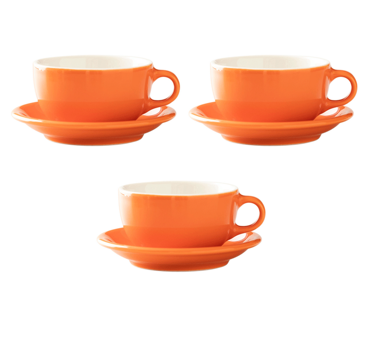 3 kuppia ja aluslautasta Latte Bowl oranssi - ORIGAMI