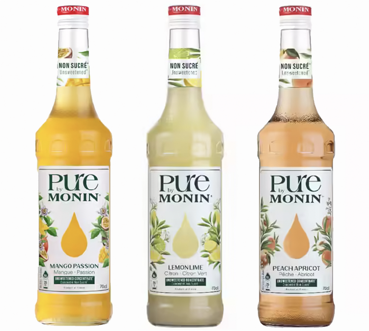 Pure by Monin – három koncentrált gyümölcsszirup – mangó, citrom, őszibarack – 3 x 70 cl