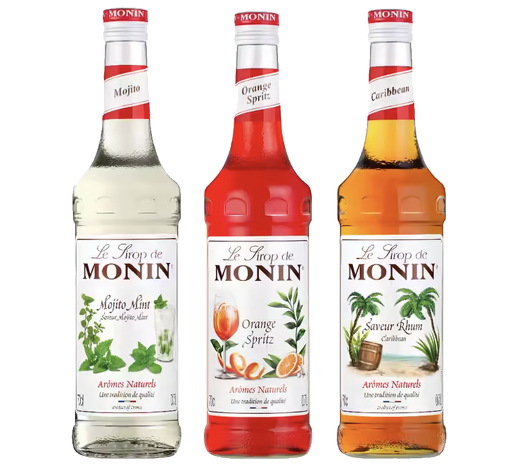 Monin – Τρία συμπυκνωμένα σιρόπια με γεύση φρούτων – Μίγματα για μη αλκοολούχα κοκτέιλ – 3 φιάλες των 70 cl