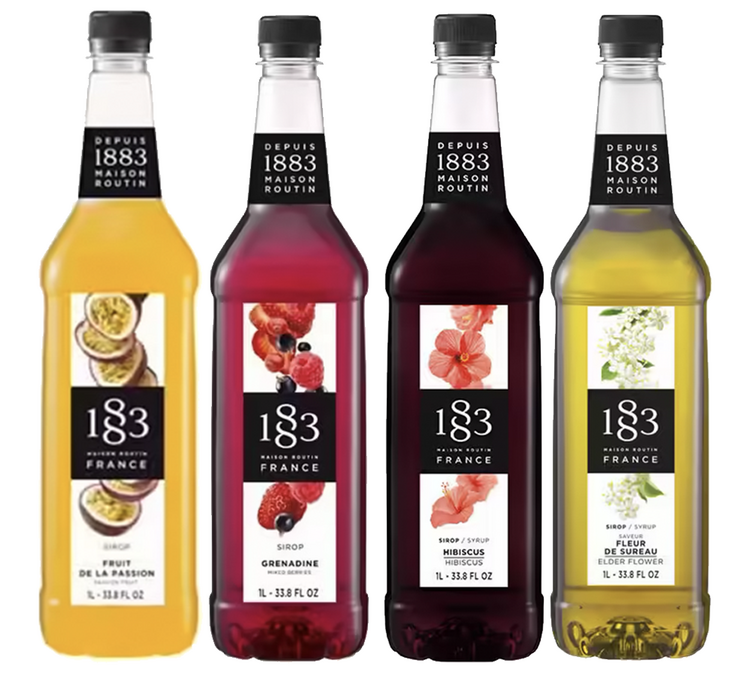 Quatro xaropes 1883 Routin 4 x 1 L - Dois sabores de fruta, dois sabores florais.