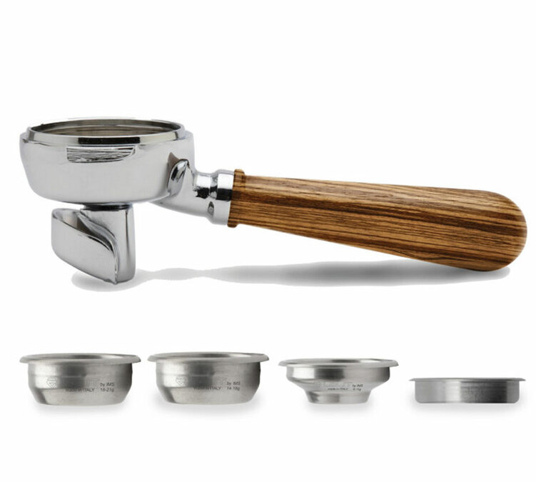 LELIT Стандартен портфилтър с 2 устия 58mm Coffeeslide от зебрано дърво + 4 филтъра