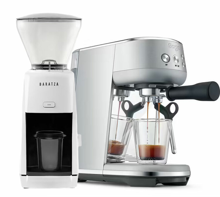 SAGE The Bambino ruostumaton teräs espressokone + BARATZA Encore ESP valkoinen kahvimylly