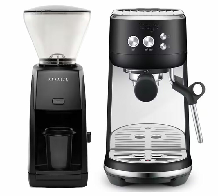 SAGE The Bambino Black Truffle Espresso Machine + Baratza Encore ESP Black Coffee Grinder