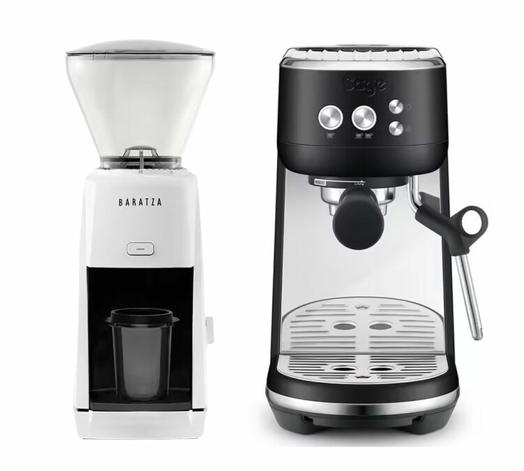 SAGE The Bambino black truffle espresso machine + Baratza Encore ESP white coffee grinder