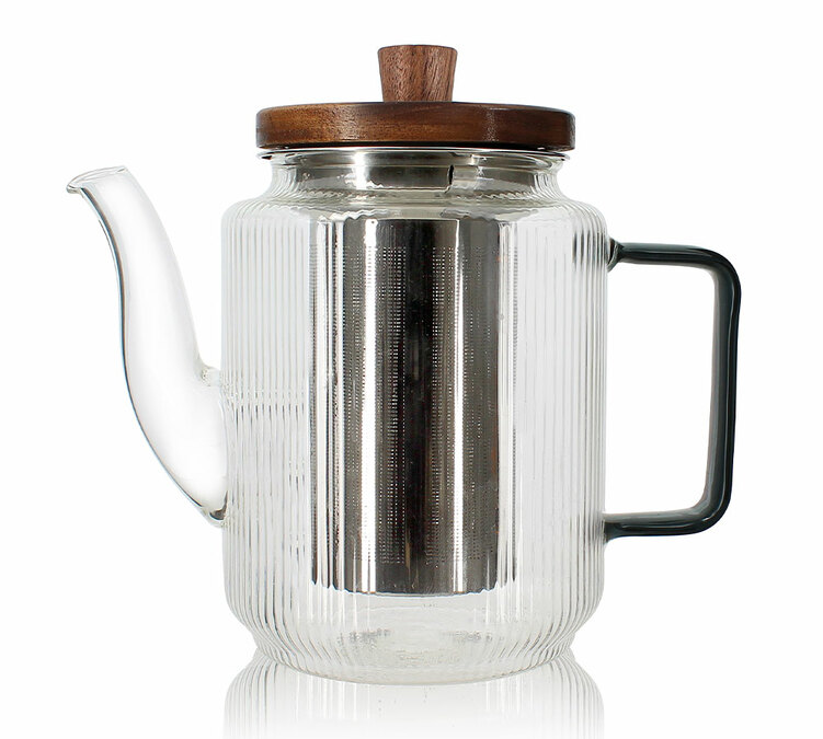 Teiera in vetro da 550 ml, colore grigio fumo, con coperchio in legno di acacia, marca OGO Living.