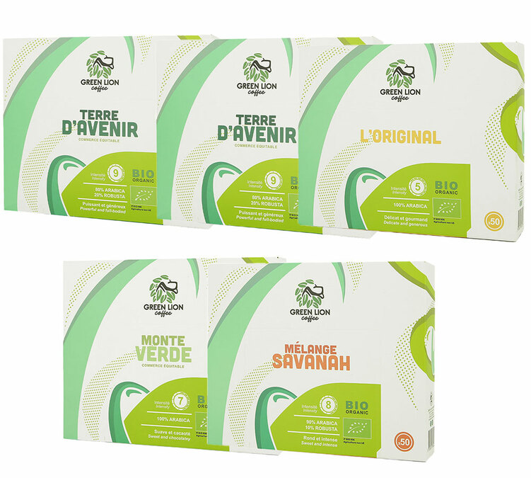 Paket za probu organske kafe, 250 kapsula, kompatibilno sa Nespresso* aparatom – GREEN LION COFFEE.