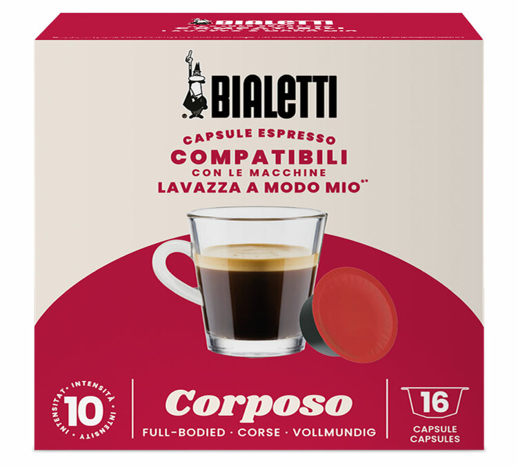 16 cápsulas Lavazza A Modo Mio, compatíveis com máquinas Bialetti, sabor intenso.