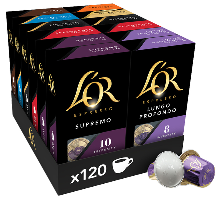 120 kapsler, kompatible med Nespresso* Original – et utvalg av 8 forskjellige smaker – L'OR ESPRESSO