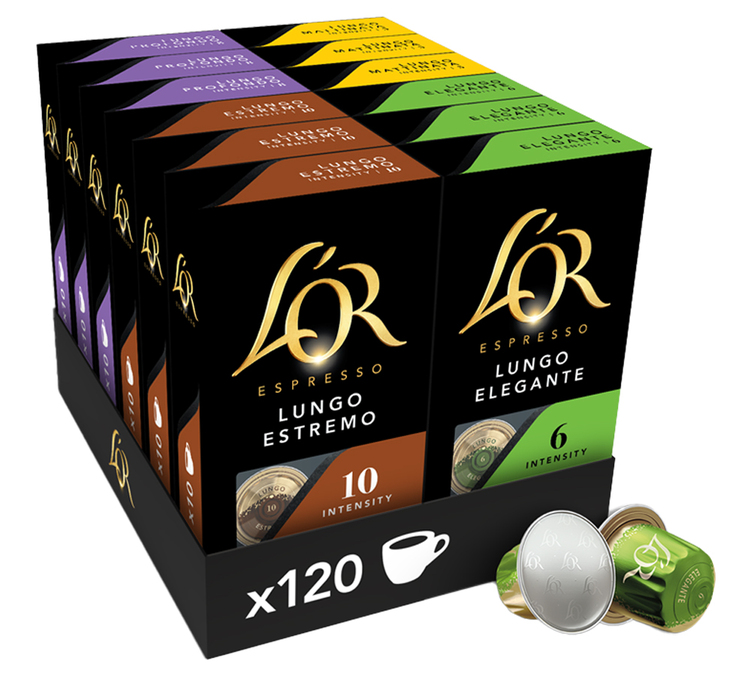 120 cápsulas compatíveis com Nespresso* Original - Sortimento de Lungos 4 variedades - L'OR ESPRESSO