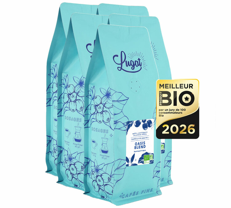5 kg de café en grano ecológico para profesionales, mezcla Oasis Blend. Galardonado como el mejor producto ecológico. Cafés Lugat.