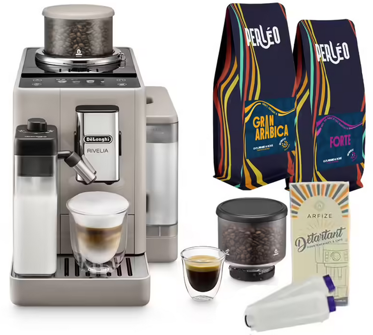 „Expresso Broyeur“ kavamalė „DELONGHI Rivelia FEB 4455.BG“, smėlinės spalvos, su latte spalvos akcentais – komplektas, kuriame yra kavos ir priežiūros priemonių 4 mėnesiams.