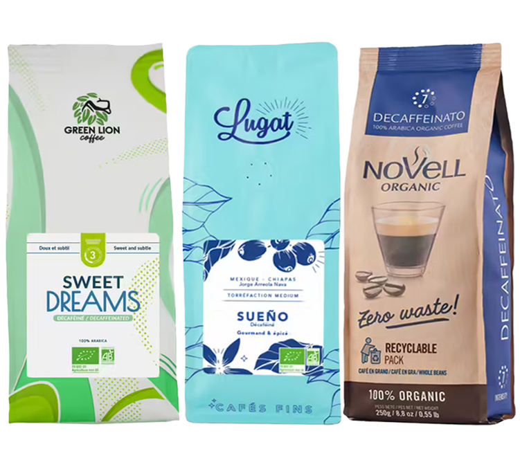 3 x 250 g: café en grano. Envase de café descafeinado, de sabor suave y con notas afrutadas. .