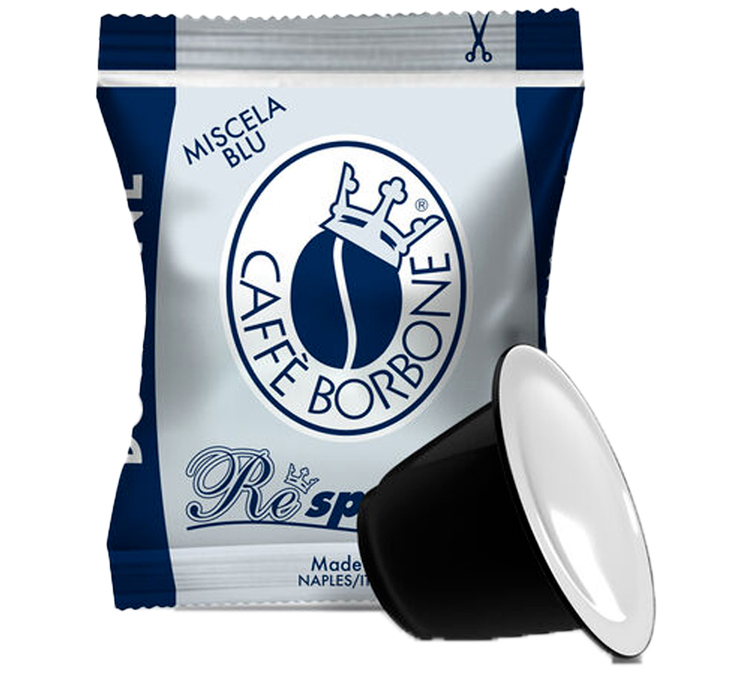 100 kapsulių, skirtų „Nespresso* Original“ kavos aparatams, „Mélange Bleu“ skonis, 8 intensyvumo balas – „CAFFE BORBONE“.