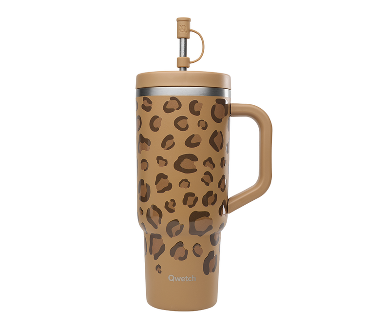Isolerad vattenflaska med sugrör, modell Travel Cup, kamel-/leopardmönster – 90 cl – QWETCH